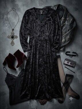 Vintage Brett Alixander Black Crushed Velvet Long Sleeve Midi Dress